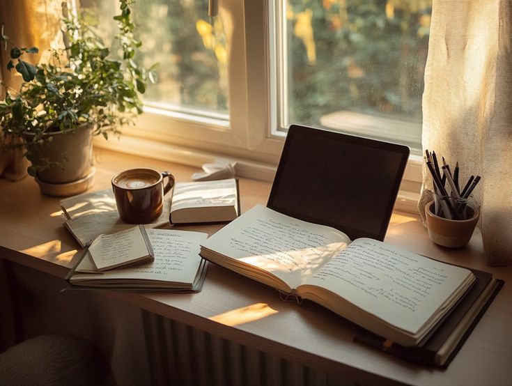 An open notebook and a cup of coffee on a wooden table near a window